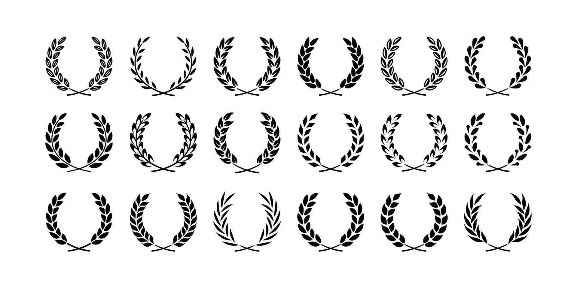 Laurel wreath. Winner award, olive leaves branch. Foliate award wreath for cinema festival, victory symbol, insignia emblem. Champion prize vector set