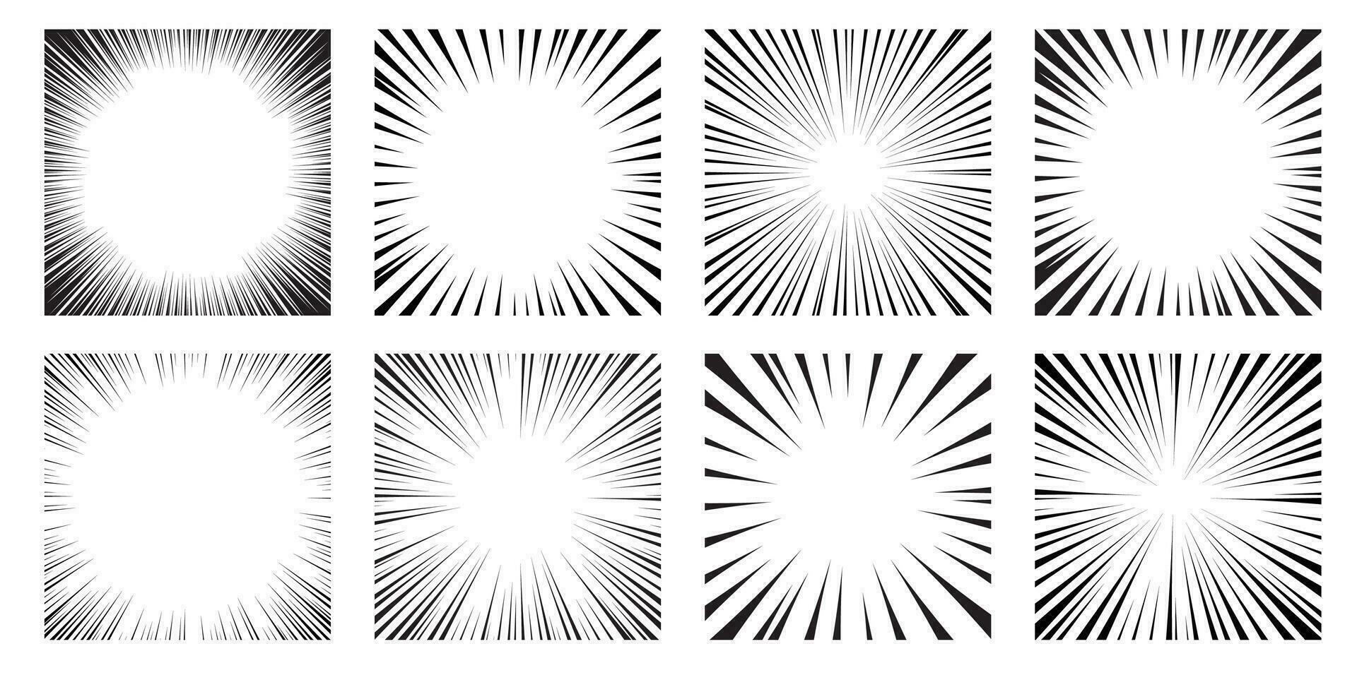 Radial speed lines background. Black and white comic action line strips for comic book or magazine. Speed abstract stripes effect patterns for manga. Vector set