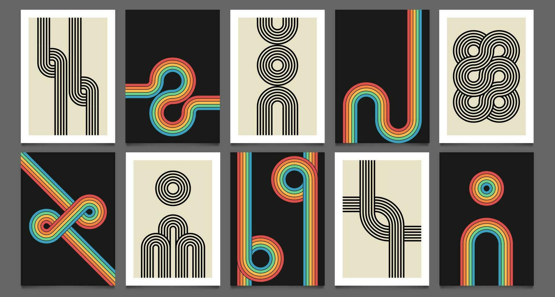 Retro rainbow posters. 70s boho groovy style color lines