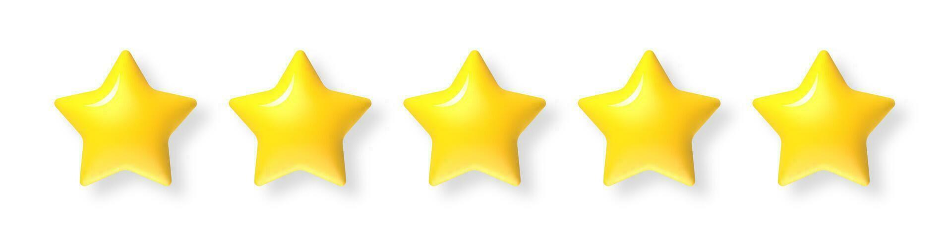 Five star rating. Glossy yellow gold 5 stars, customer rating feedback concept. Client satisfaction rate review, premium product UI vector isolated 3D elements