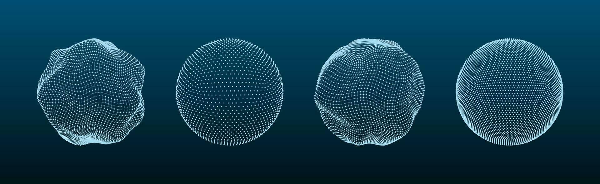 3D sphere mesh. Globe shapes with dots and line grid, orb wire structure models matrix futuristic concept. Digital polygonal balls with particles vector set