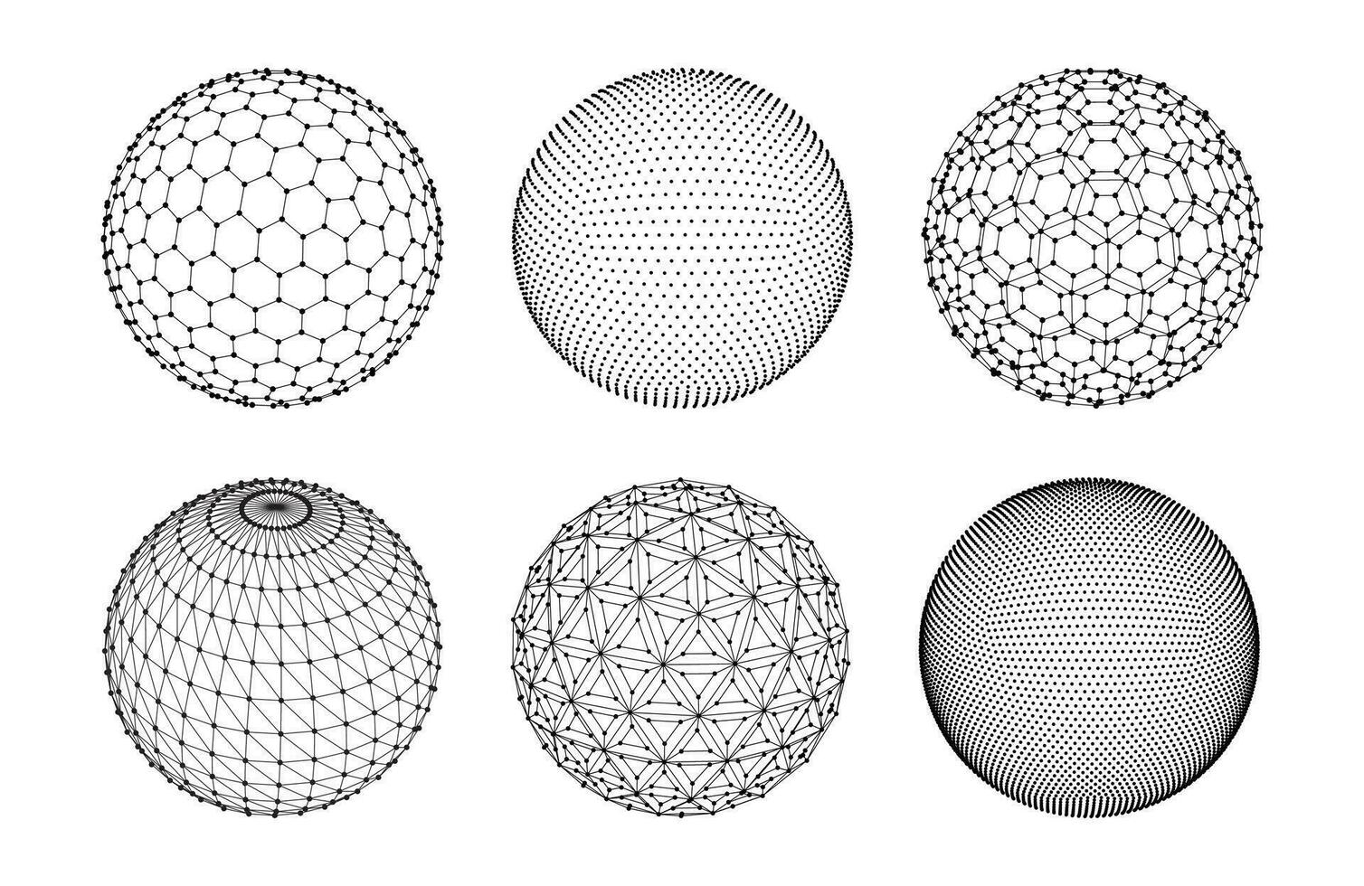 3d sphere mesh. Globe, planet with dots and lines, ball polygon grids. Futuristic technology digital structure wireframe. Abstract sci-fi vector set