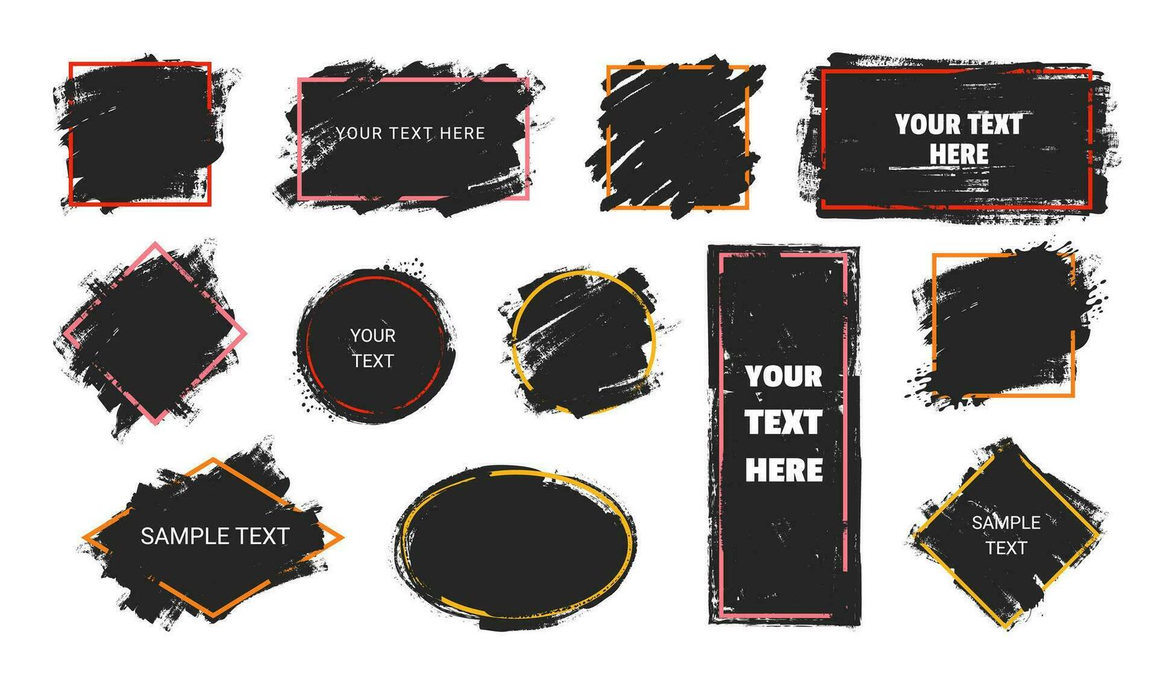 Grunge frame and background. Black ink brush square. Paint texture template for text composition. Grunge splatter banner for quote frames. Vector set