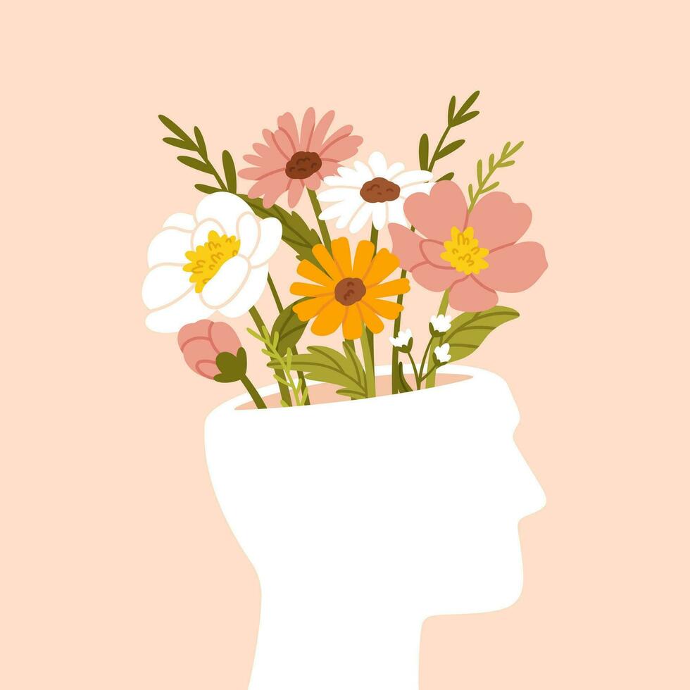 Mental health concept. Happy male head with flowers inside. Positive thinking, self care. Happiness and harmony, calmness and life balance vector illustration