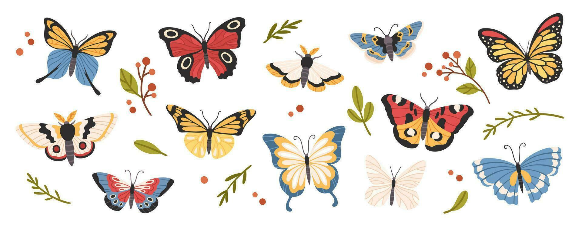 dibujos animados mariposas linda primavera insectos con vistoso alas, volador mariposa. con alas insecto, hermosa polilla fauna decorativo elementos. papillons vector conjunto