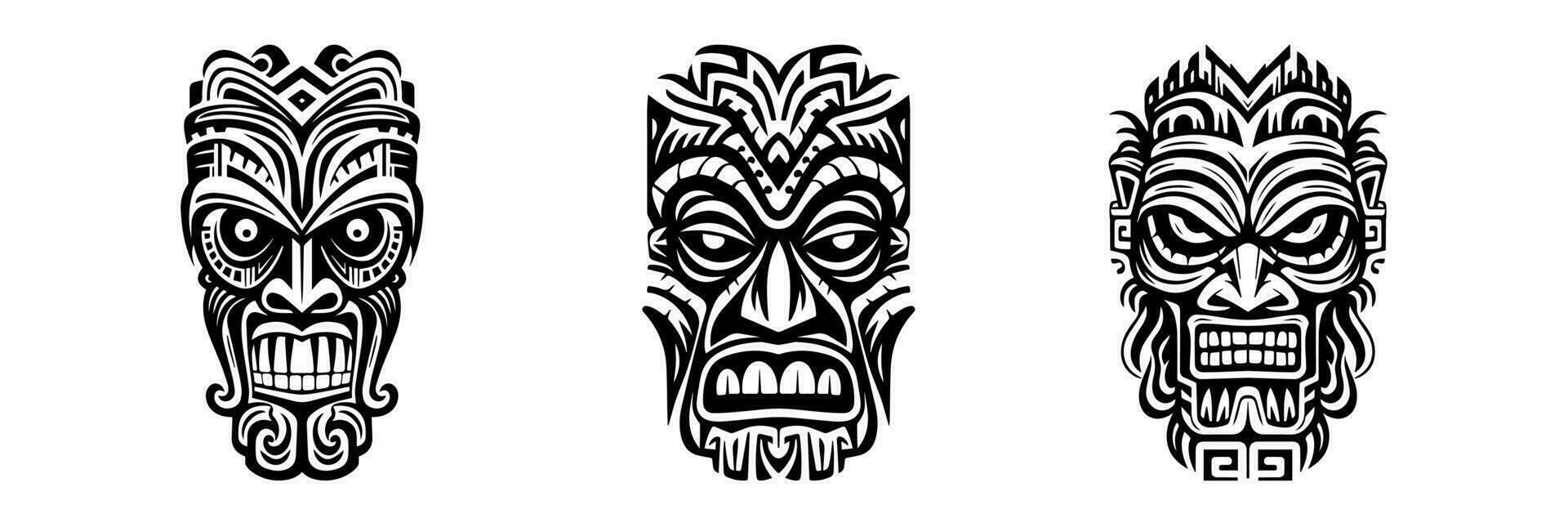 Tiki idols. Tribal polynesian mask, hawaiian wooden totem. Aztec style retro tattoo, African voodoo scary god design. Tribal-tiki exotic face. Vector set