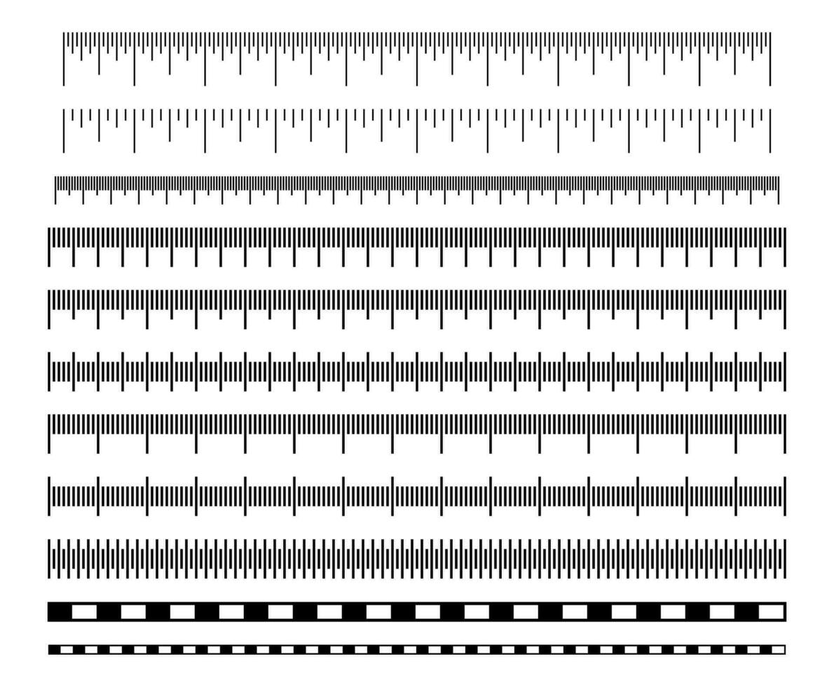 Measuring scale. Meter, centimeter and inch scales with division for ruler, tape measure and measuring precise instrument, map. Vector isolated template