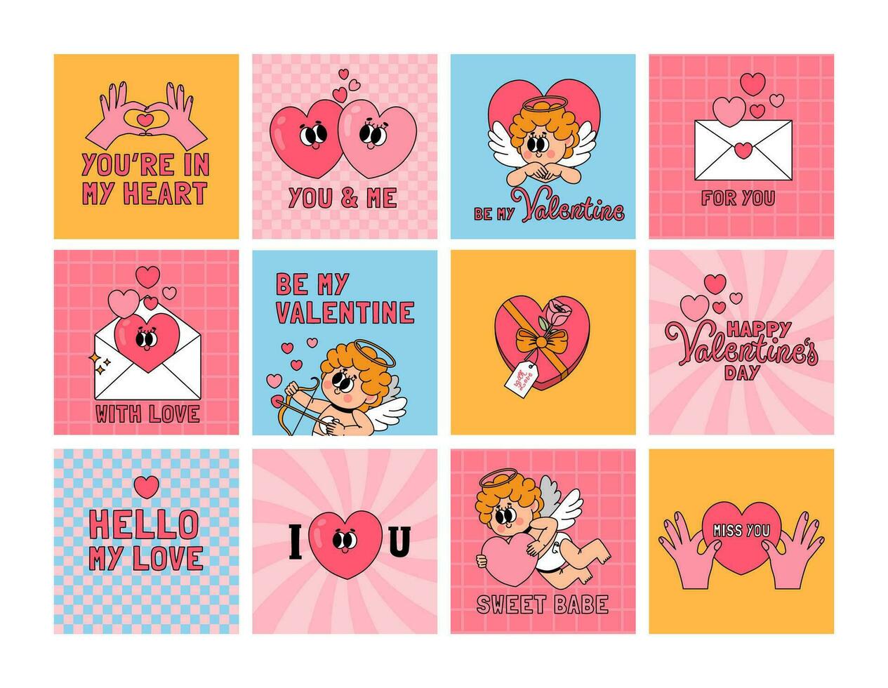 Groovy Valentines cards. Cartoon vintage postcard with typography phrase. Concept pink tag with romantic elements, heart, envelope, cute cupid. Holiday love labels vector set