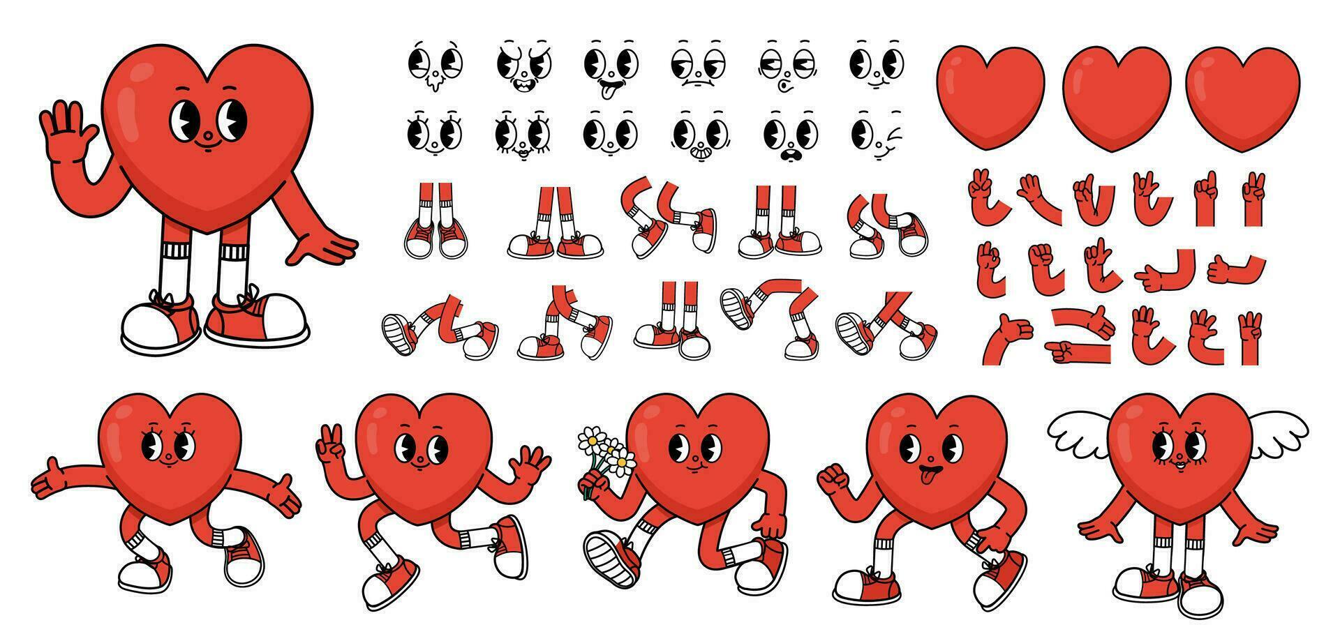 dibujos animados corazón caracteres. mascota corazones constructor, pegatina con mano y pierna, Organo con emoción rostro, enamorado amor emociones poses y expresiones personaje. vector conjunto