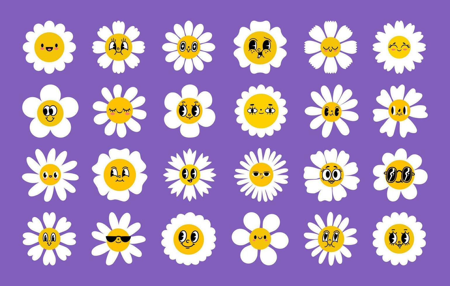 Cartoon daisy flowers. Flower retro face, smile happy chamomile characters. Cute kids floral plant emotion. Trendy white petal, spring orange faces. Vector set