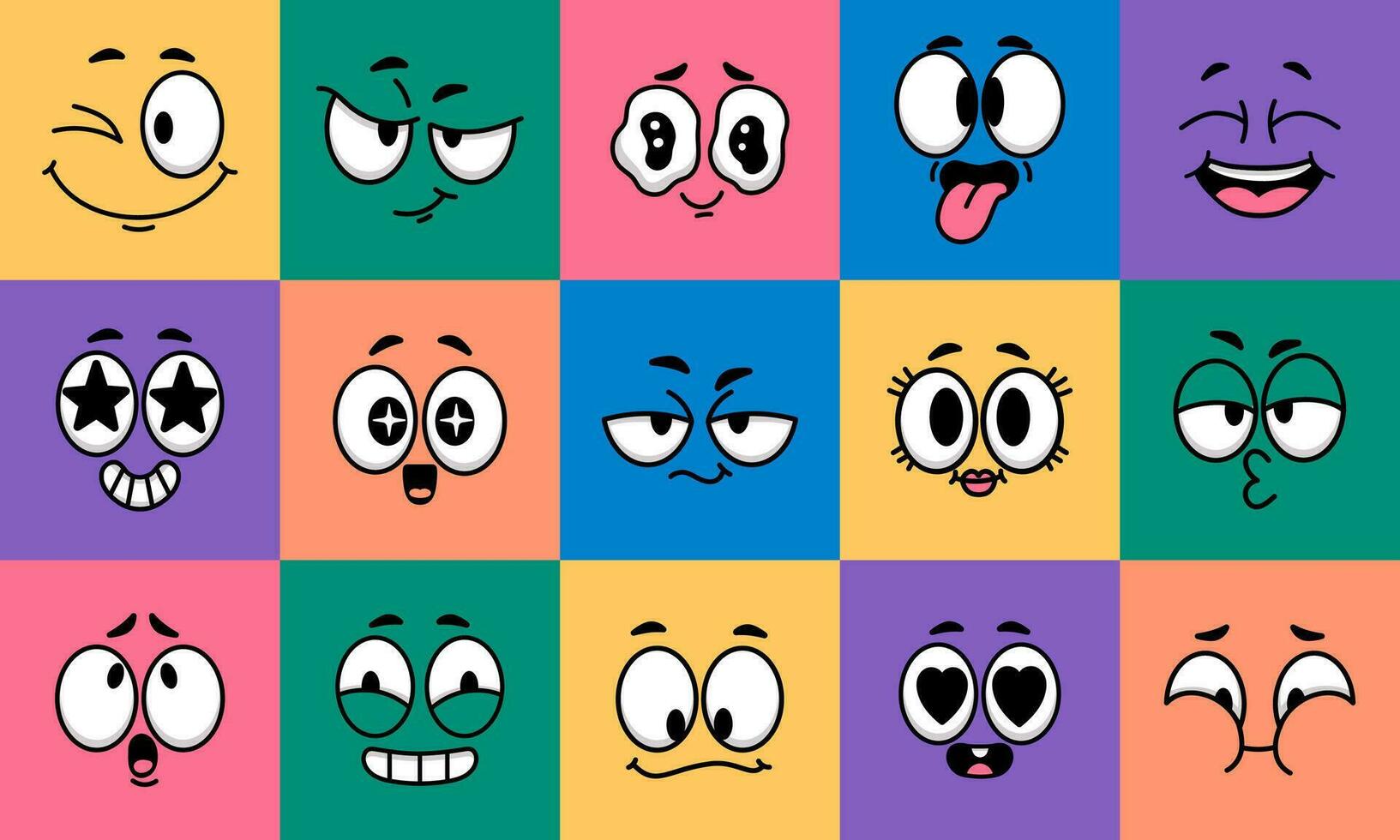Cartoon face expression. Emotion comic face character on colors. Funny avatars with eyes and mouth. Caricature facial laugh, kiss, love mood. Vector illustration