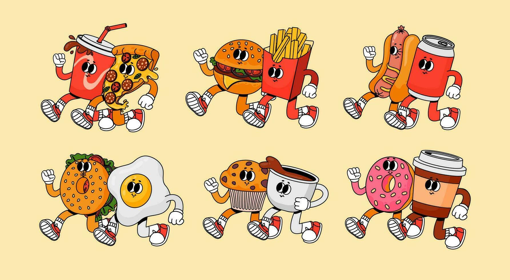 Cartoon food pair. Comic retro fun fast food characters, vintage 70 design style best friends. Couple burger and fries, happy snack and pizza for menu, vector set