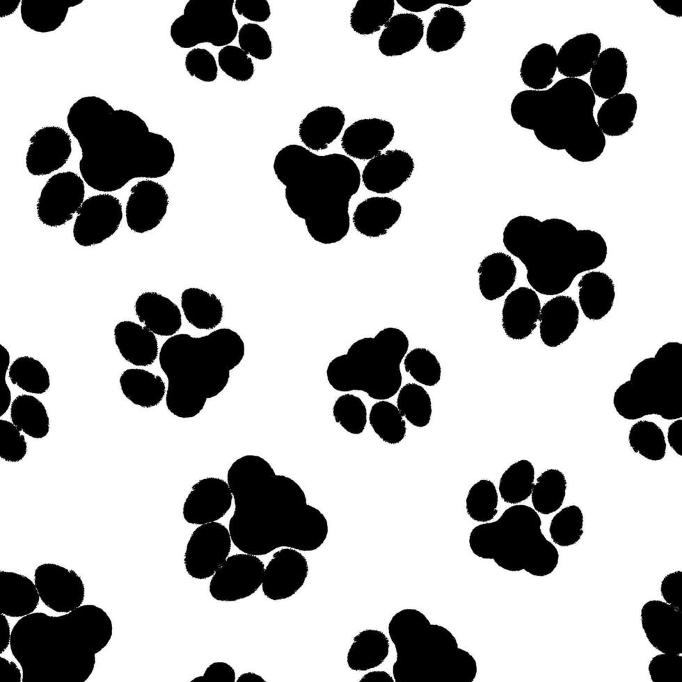 Cat footprint pattern. Seamless pattern pets paw print. Black cat and dog steps texture, animal footstep. Background with kitty trail on white wallpaper. Vector illustration