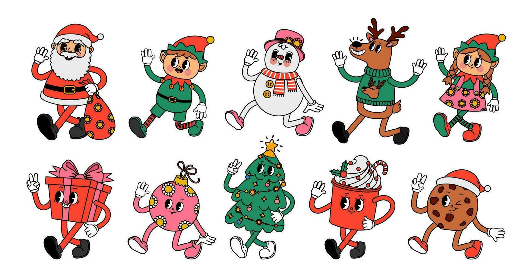 Christmas groovy character. Cartoon retro 30-s Xmas and New Year dynamic holiday characters. 70s vintage style Santa Claus with funny elves, cute snowman, deer vector set