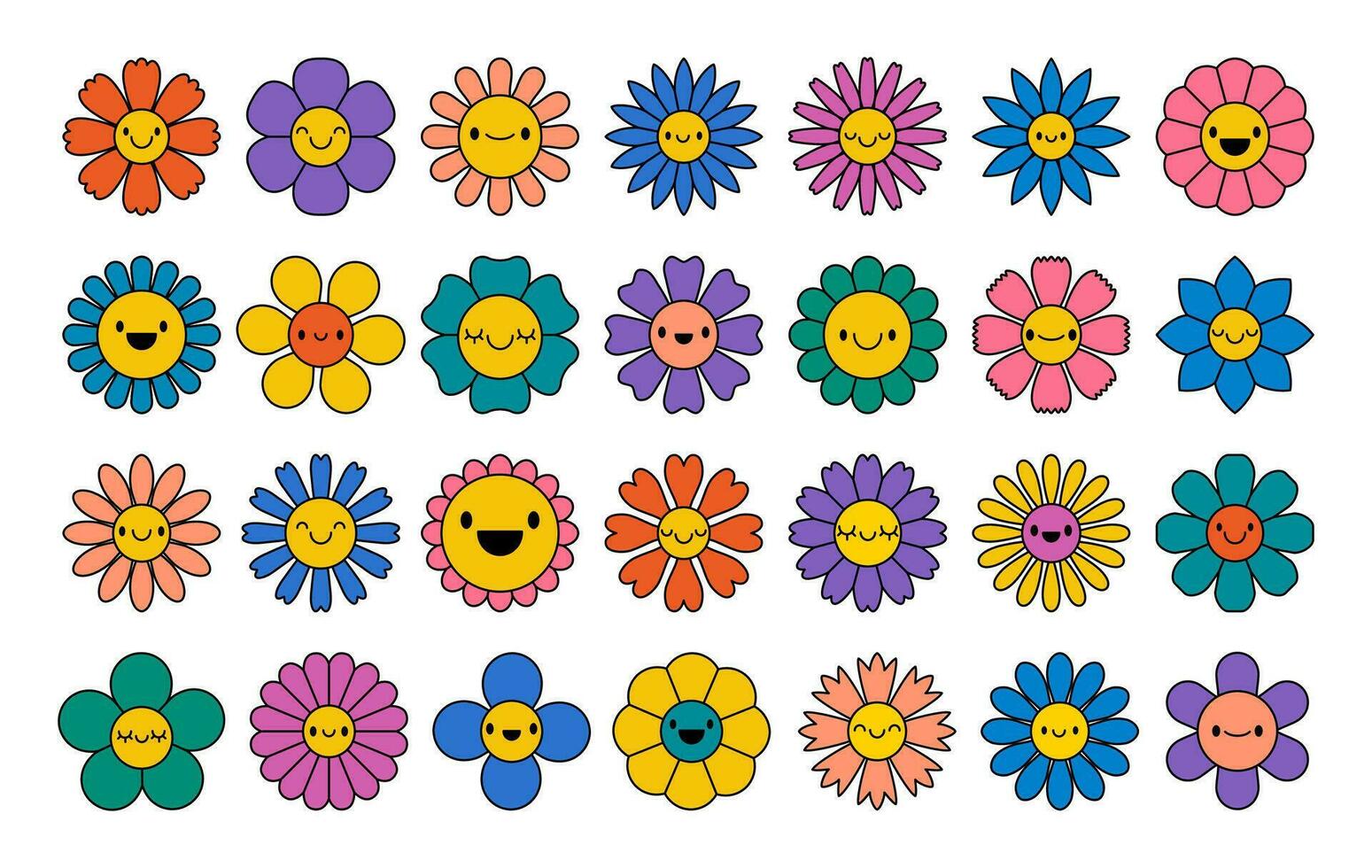 Groovy cartoon flower. Hippy daisy faces, retro smiling flowers character. Vintage 70s graphic elements, happy positive emotions plant. Vector set