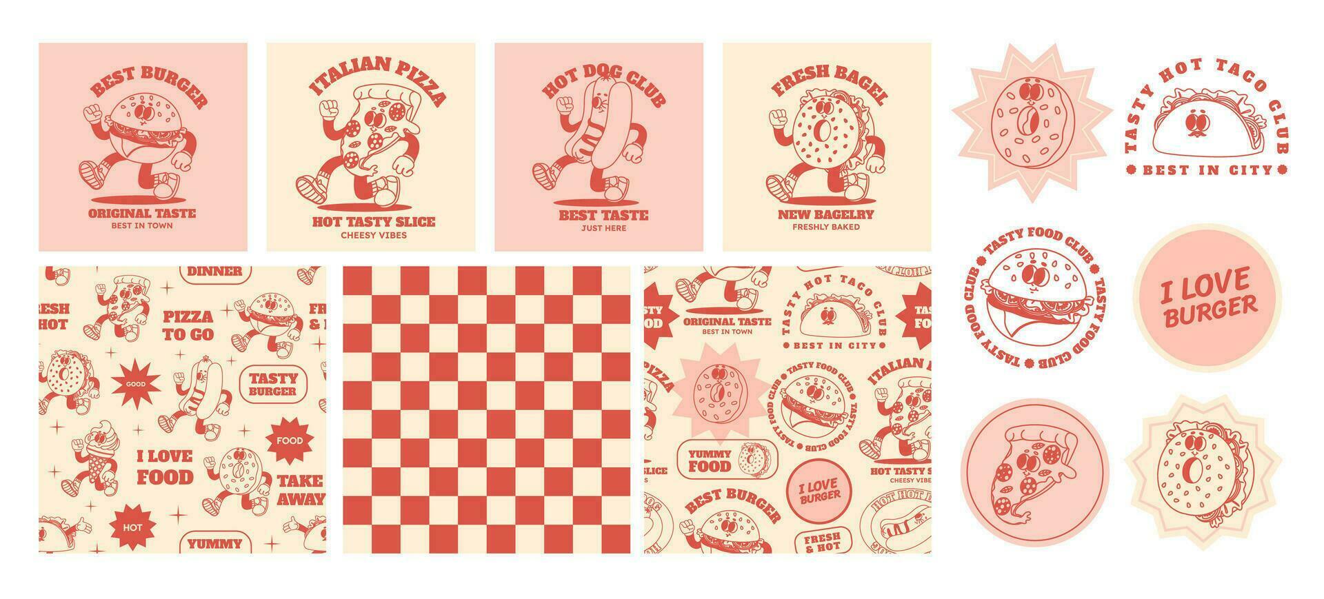 Cartoon retro fast food seamless pattern, stickers. Groovy comic food vector characters. Vintage eating background with stickers, quotes for menu, cafe, restaurant