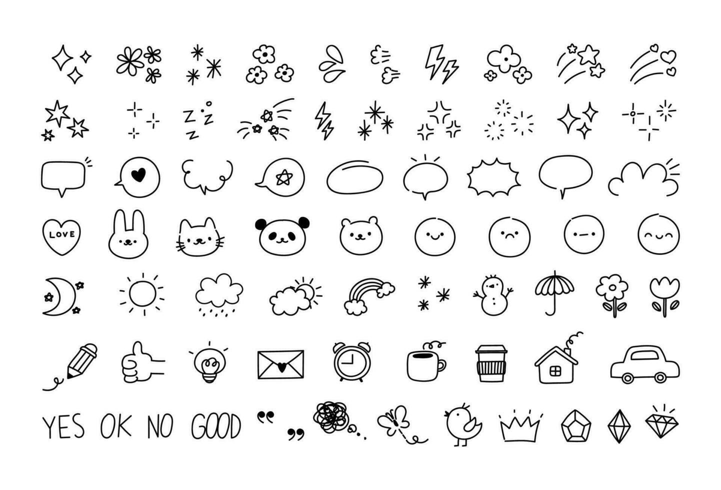 Doodle line design elements. Sketch daily stickers for planner. Cute hand draw speech bubble, decor stars, prints animal signs, weather icon, emotion effects. Vector set