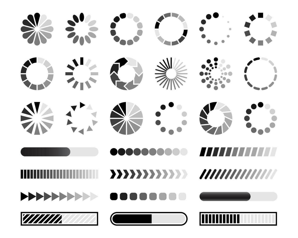 cargando bar. descargar Progreso cargador, circular amortiguamiento estado ui elementos. subir indicador símbolos, transferir hora cargando botones aislado vector conjunto