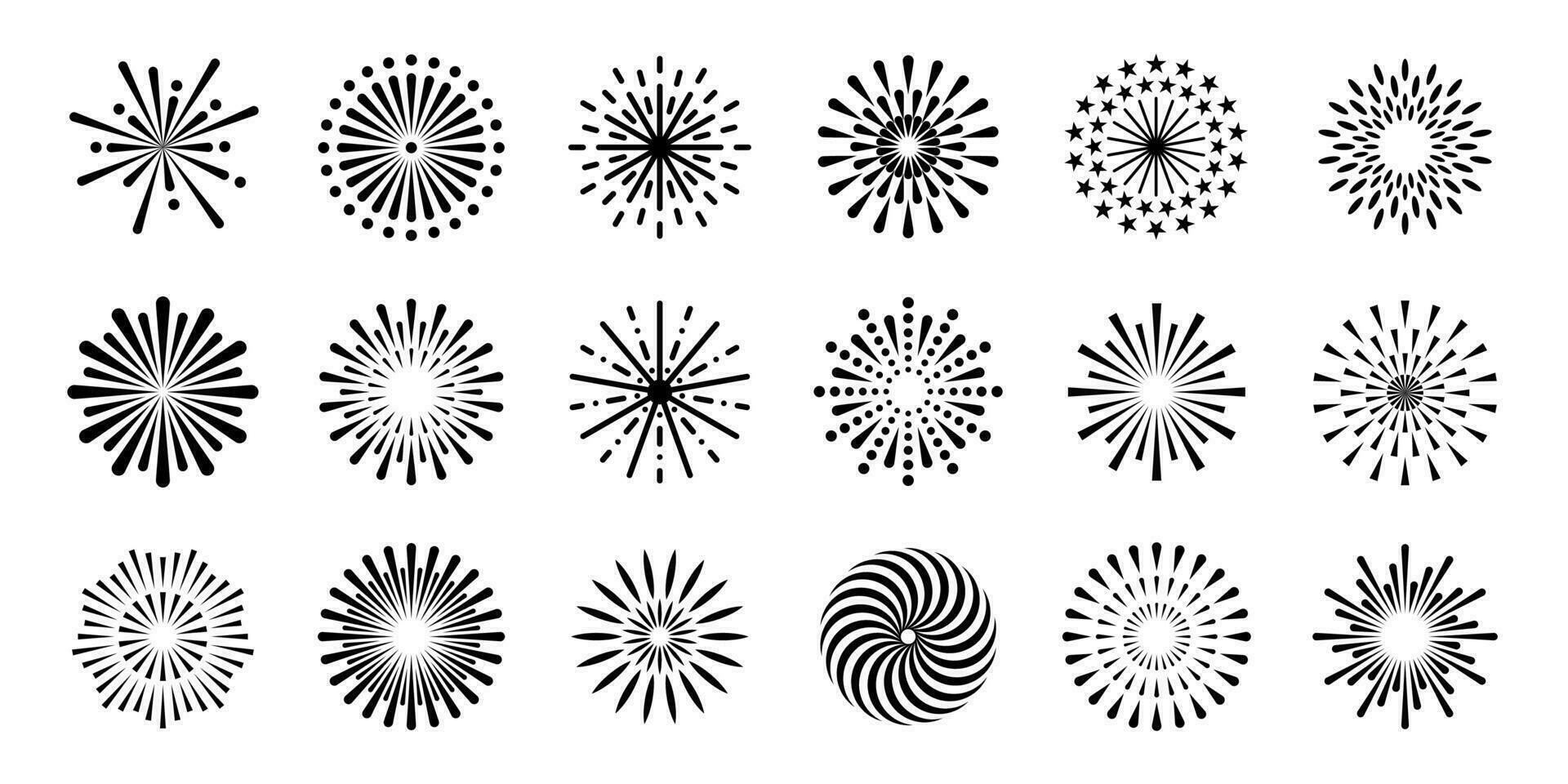 Firework. Firecrackers explosions in sky, celebration festival salute with sparkles. Christmas, Independence Day festive bursting light. Vector firework icons set