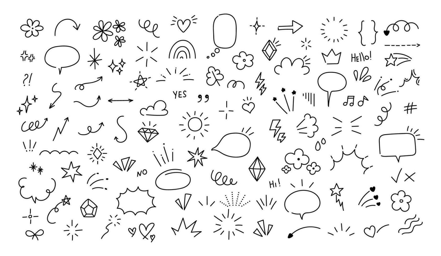 Sketch pen design elements. Doodle simple brush stickers. Hand drawn speech bubble, decorative signs, emotion effects icon. Stars, arrow, sparkle, line shape. Vector set