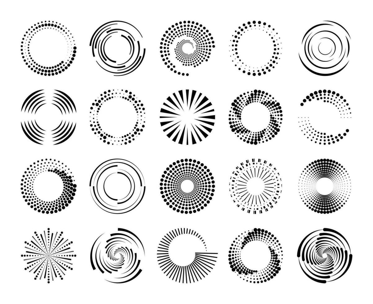 trama de semitonos circulo velocidad líneas. rayado punteado espiral dinámica remolinos, radial geométrico patrón, concéntrico circular resumen ondas. redondo movimiento vector elementos