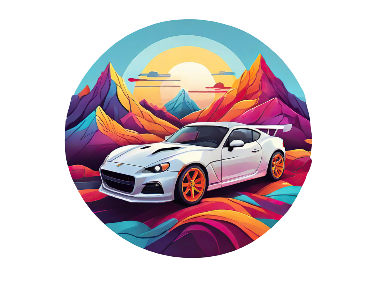 AI generated Illustration of Colorful Racing Car in The Mountains png