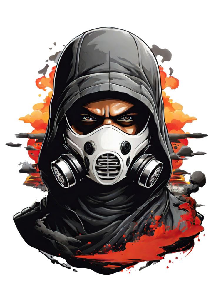 AI generated Illustration of Samurai Head Wearing Smoke Gas Mask Covered His Face png