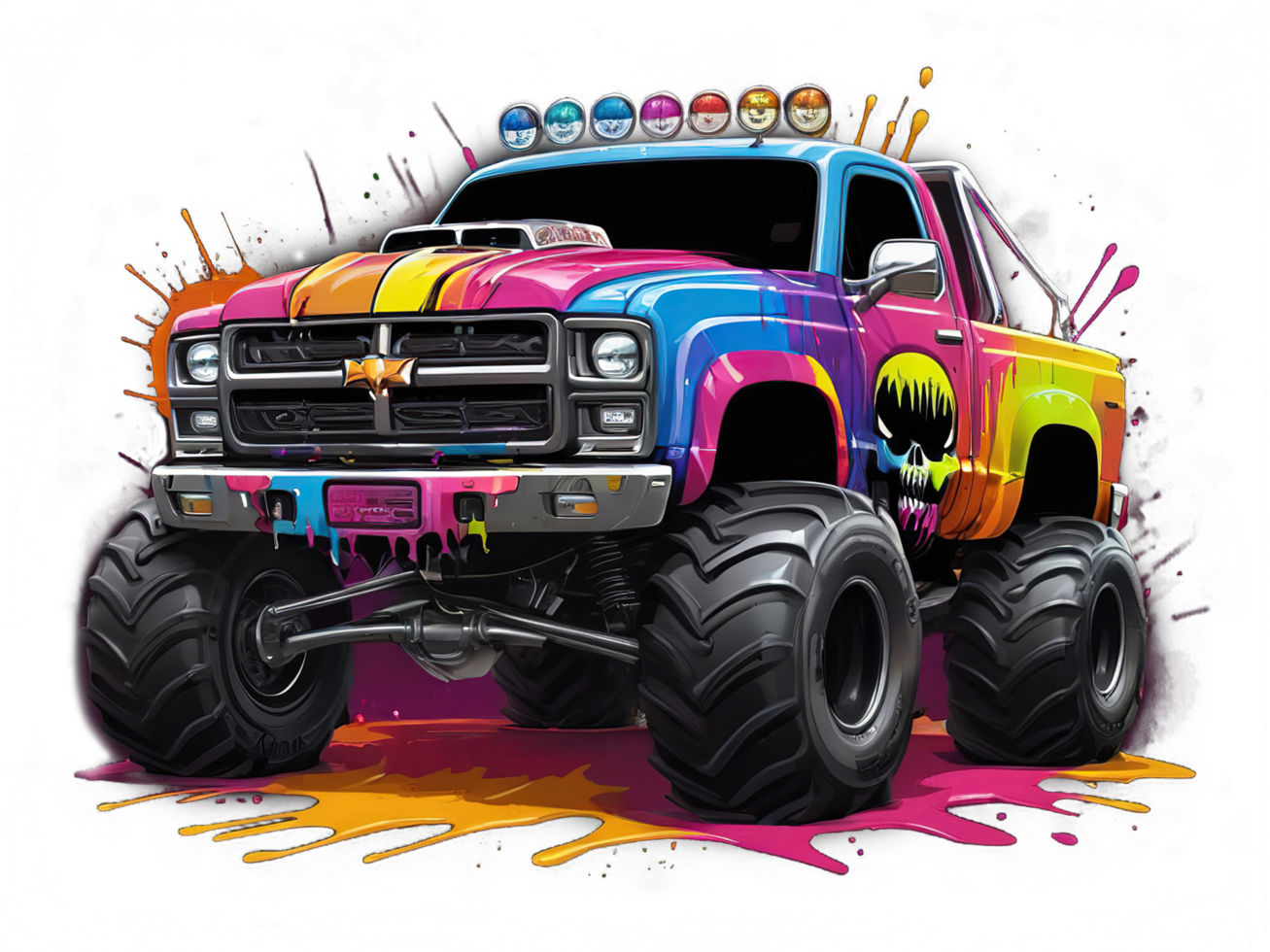 AI generated Illustration of Colorful Monster Truck on Dripping Paint png