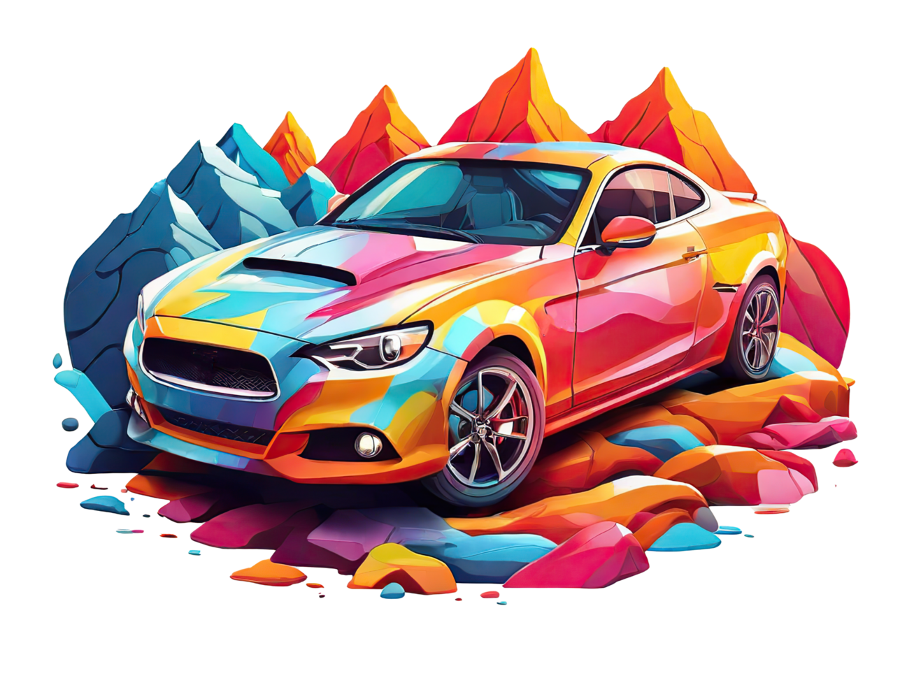 AI generated Illustration of Colorful Racing Car in The Mountains png
