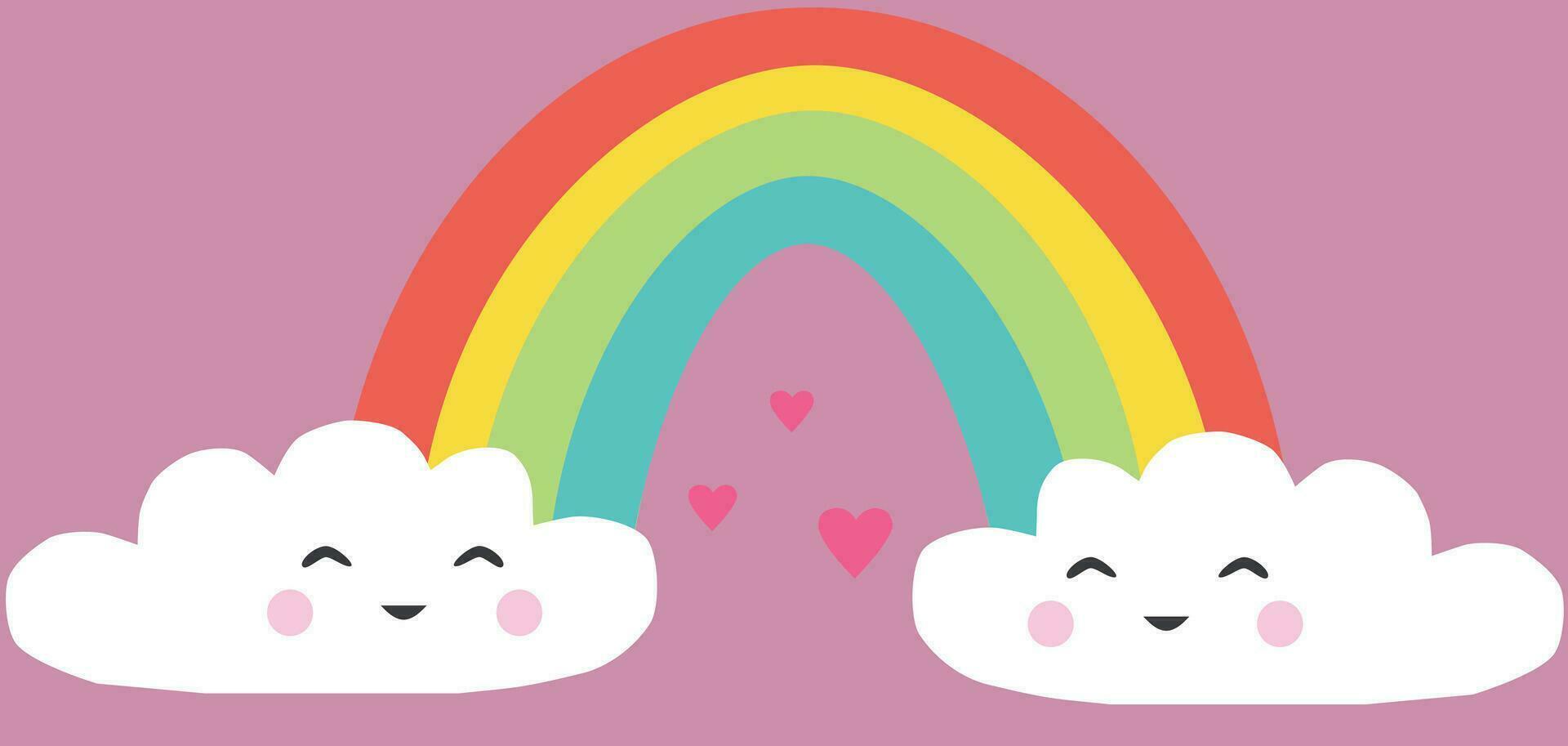 linda arco iris y nubes con sonriente caras en dibujos animados estilo vector