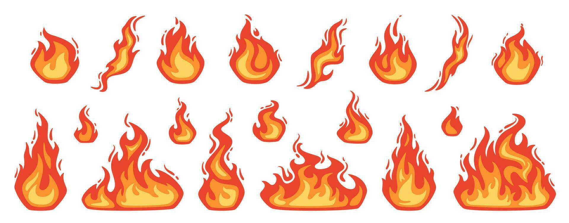 dibujos animados fuego. fuego de infernal bolas de fuego, rojo y amarillo hoguera, caliente fuego fatuo y hoguera, quemar fuerza. fuego del infierno, ardiente íconos aislado vector conjunto