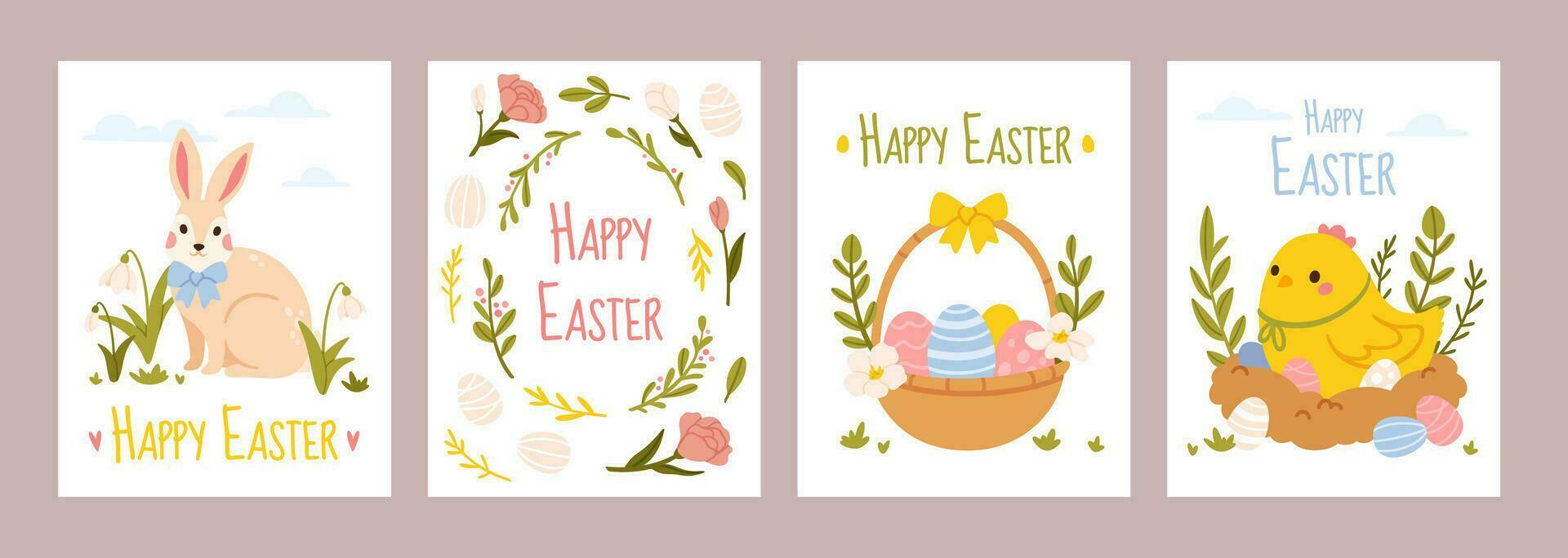 contento Pascua de Resurrección carteles fiesta saludo tarjetas con conejito, primavera campanilla de febrero flores, cesta con Pascua de Resurrección huevos y linda amarillo polluelo. vector bandera conjunto