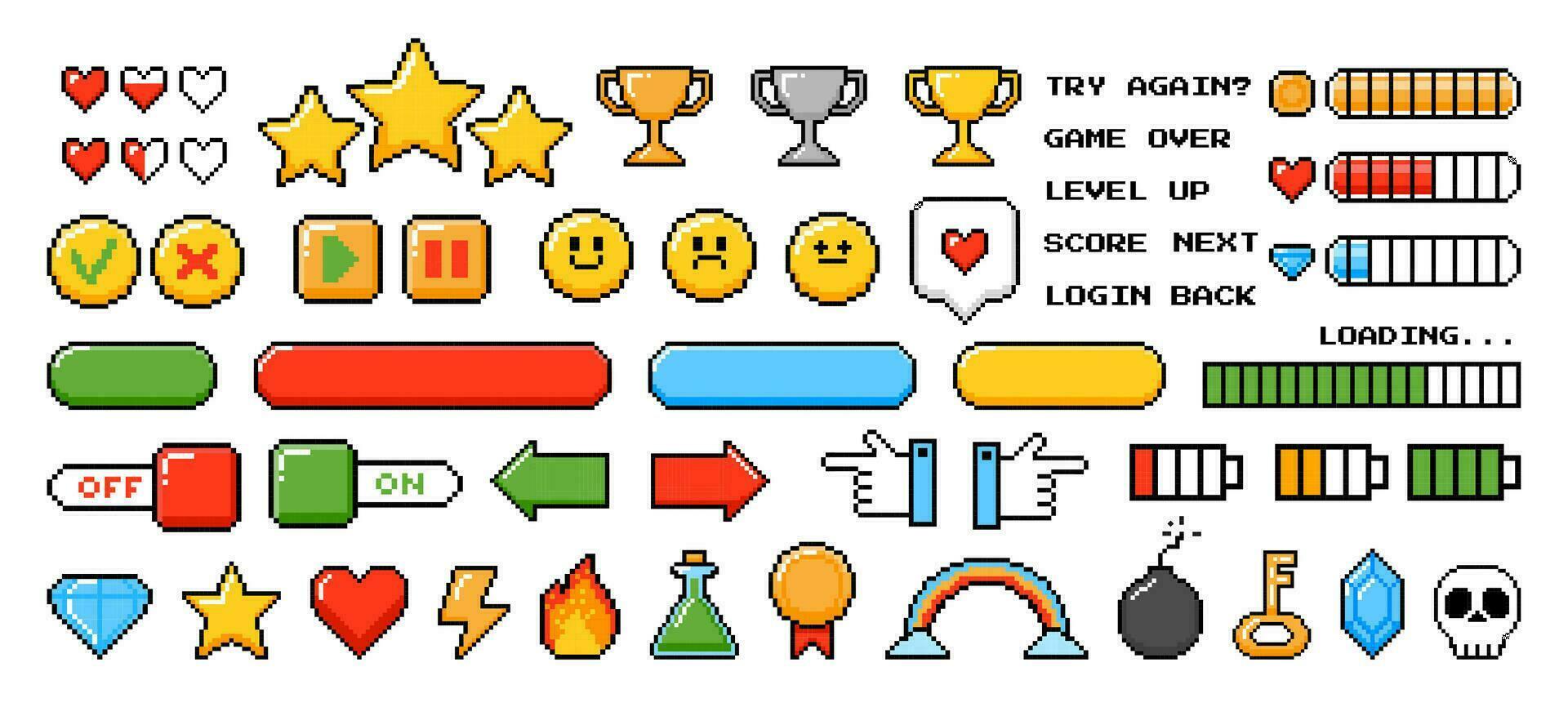 Pixel game elements. Graphic 8bits arcade games button, bars and symbols. Game levels, menu and icon. Digital pixels heart, start, trophy, bomb and crown. Vector set