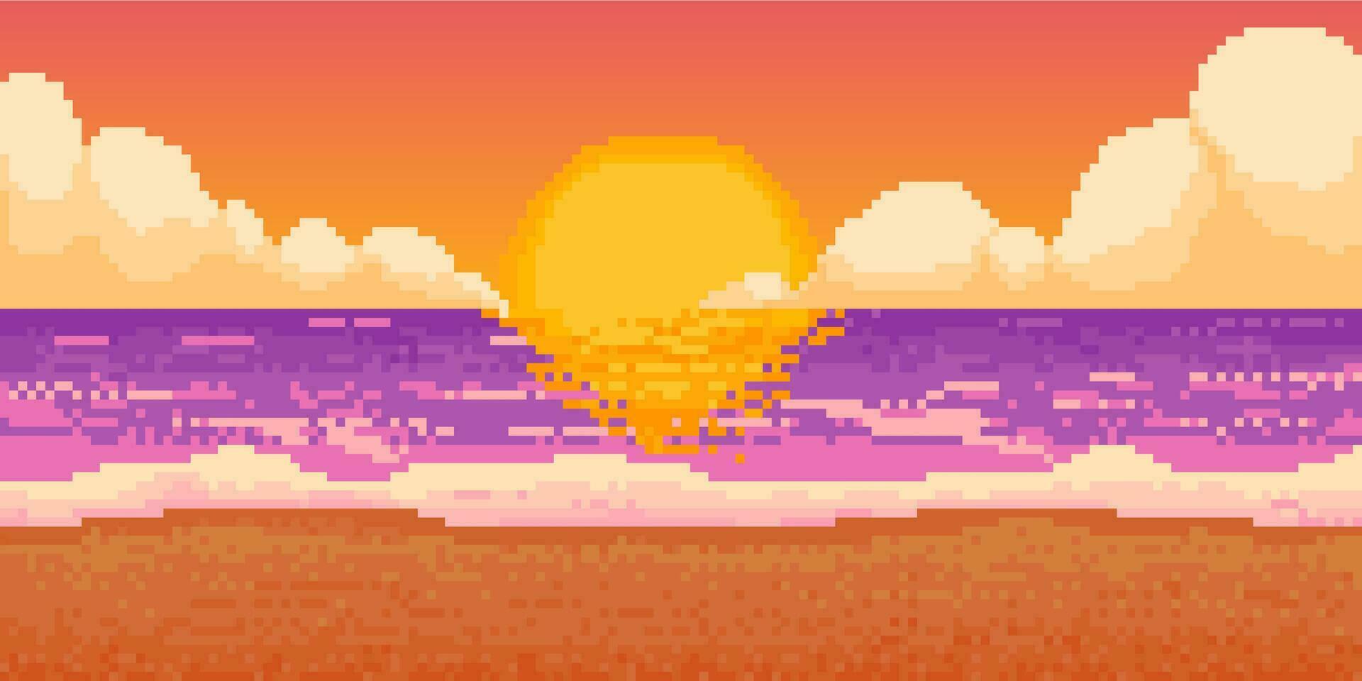 píxel puesta de sol playa. juego retro mar paisaje. 8 bits antecedentes amanecer Oceano escena, Hawai nublado cielo con sol, noche naturaleza panorama marina. vector ilustración