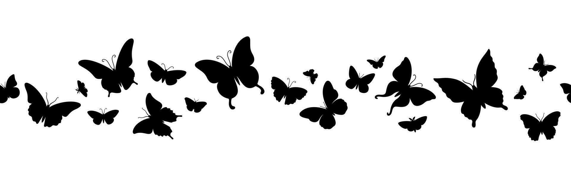 utterfly border. Seamless horizontal butterflies frame, flying moths black silhouettes group. Cute exotic insect flock. Vector isolated element