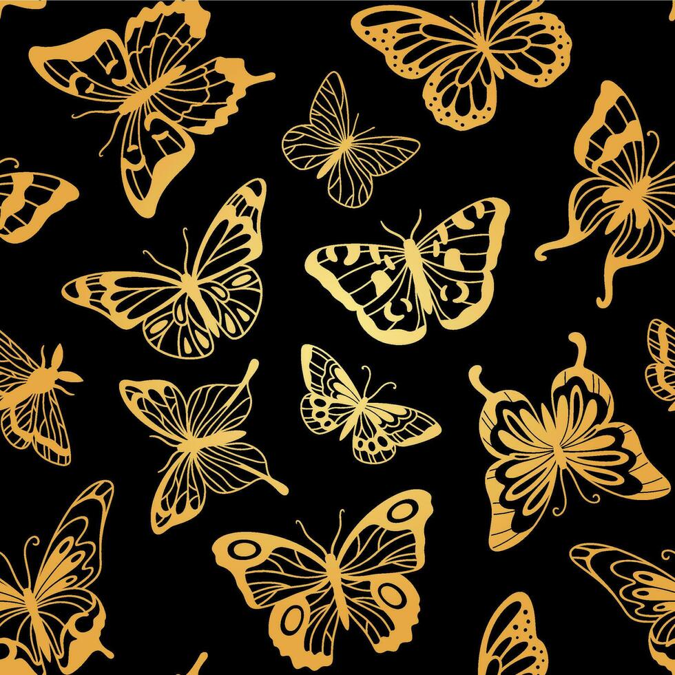 dorado mariposas sin costura modelo. oro mariposa en vuelo, polilla con detallado ornamento en alas contorno en negro antecedentes. vector textura para envase y cubrir