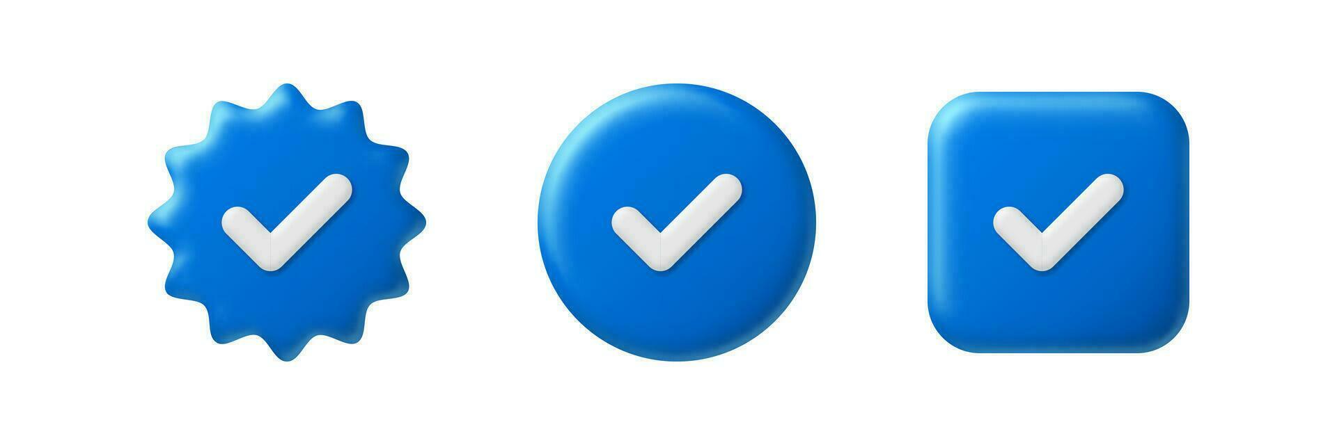 Blue check mark. Verified social media account 3D icons. Approved profile sign. Tick in blue star, circle and rectangle. Top page, safety person vector illustration