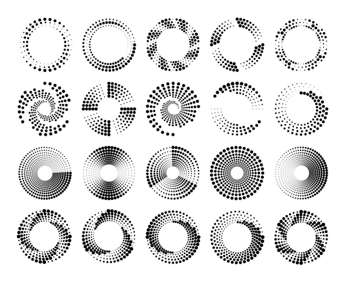 Circle dotted speed lines. Circles with dat pattern, circular spiral halftone. Concentric speed motion shape for logo, radial dynamic swirl vector set