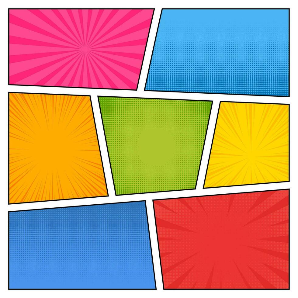 Comic book page. Cartoon frame with halftone texture, radial ray effects. Template magazine page in pop art style. Colorful empty comical book background. Vector concept