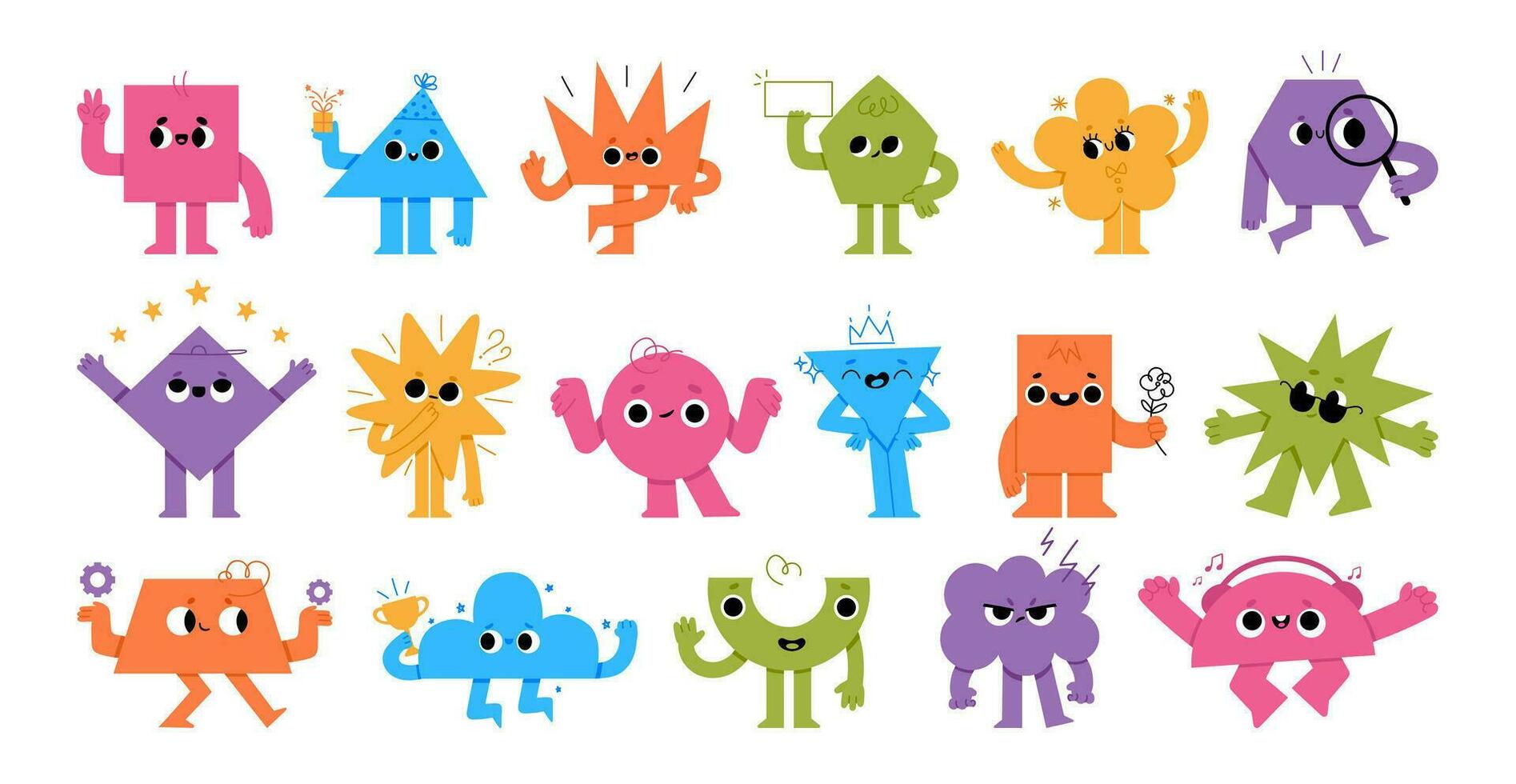 Abstract characters. Cartoon kids shape with smile face. Geometric mascot figure with leg and hands. Fun graphic avatar for education, funny emoji objects. Vector set