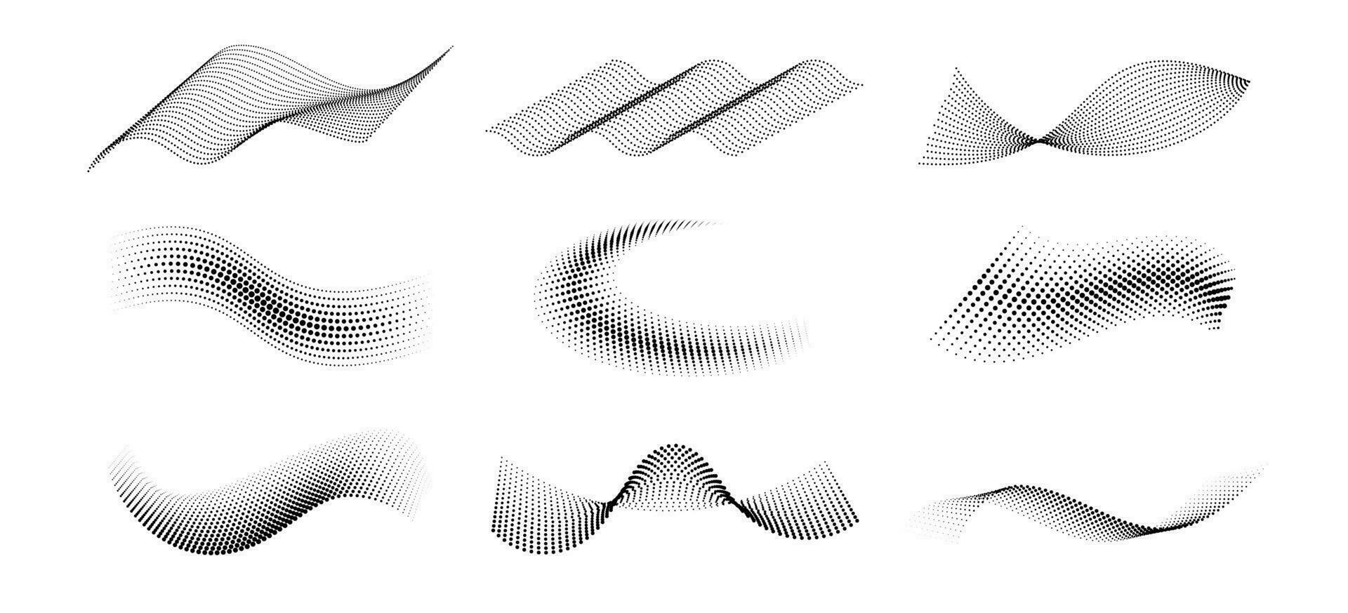 Halftone waves. Dotted curved abstract liquid shapes, wave with particles, halftone circles texture isolated vector elements. Dots wavy flow decoration