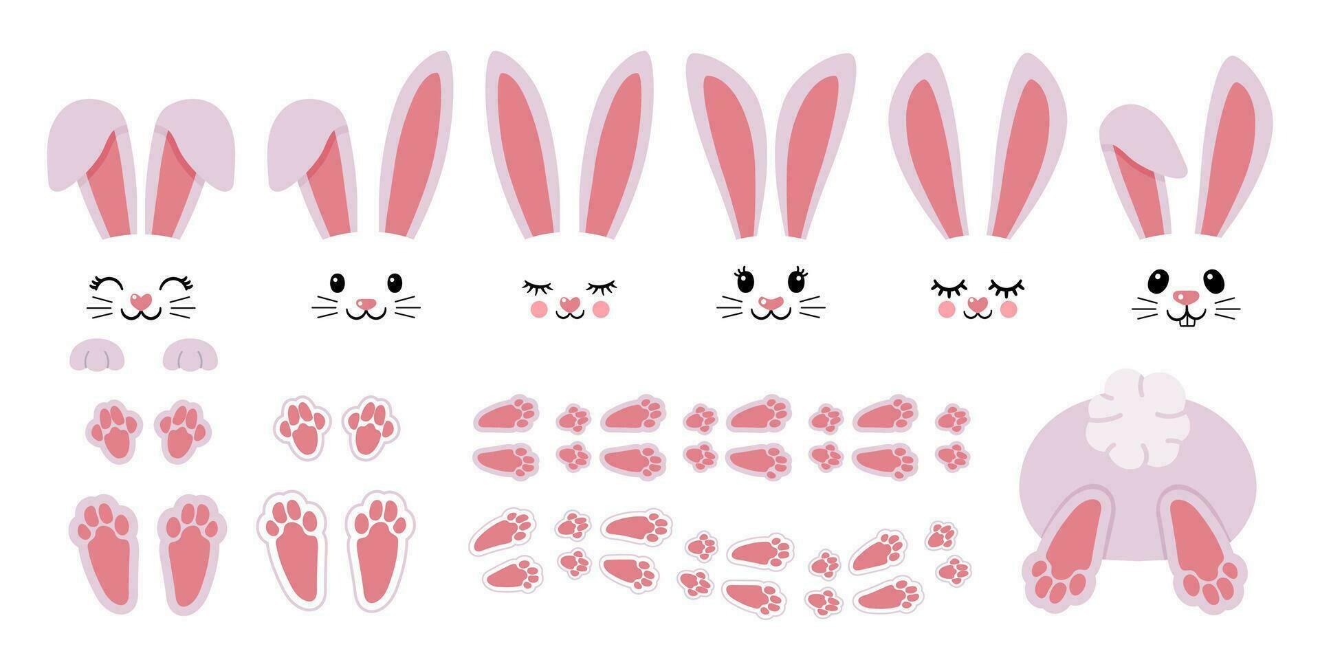 Cartoon bunny elements. Cute bunny footprint trail, paws, ears and faces. Funny bunnies head and muzzle. Decorative element for Easter. Printable stickers scrapbooking. Vector set