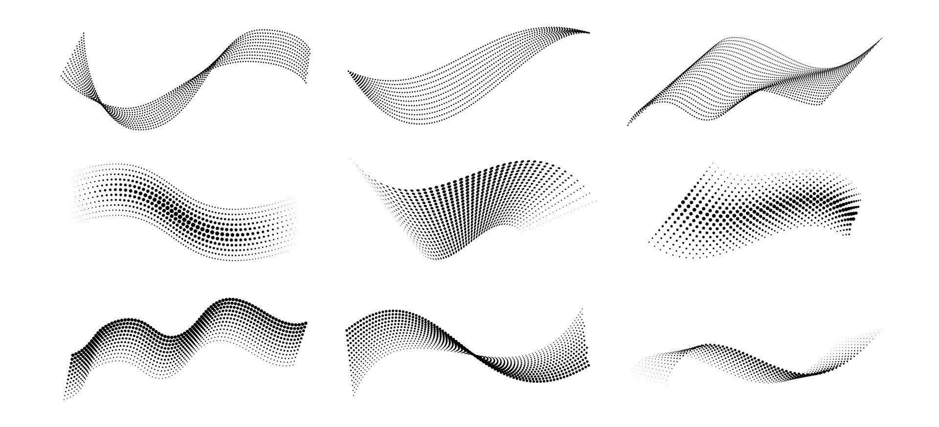 Halftone dotted waves. Curved abstract wavy shapes, wave with dot pattern, halftone circles texture isolated vector set. Black dots flow business elements