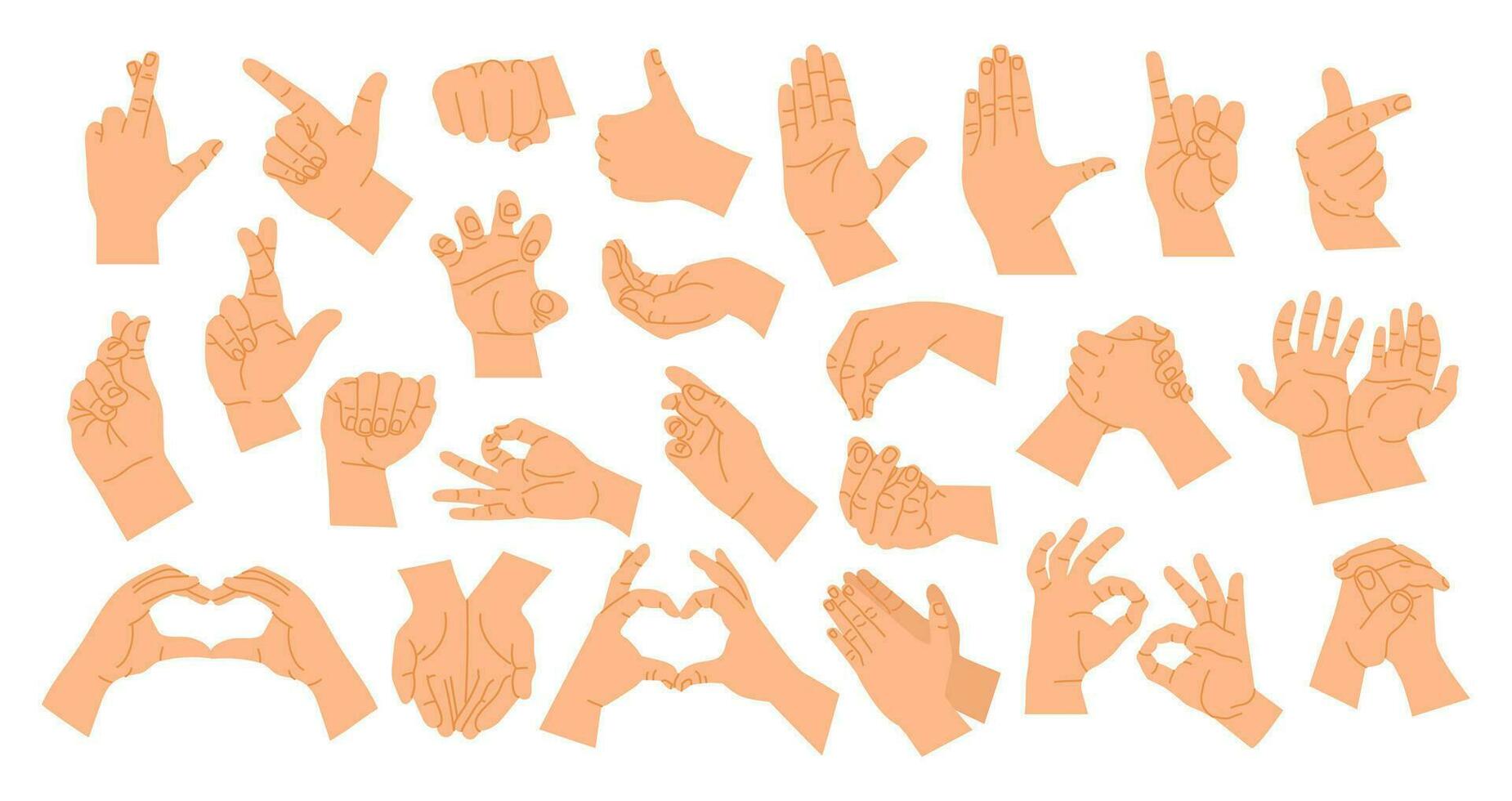 mano gestos posa dibujos animados humano manos demostración diferente señales. dedos y palma gesto. demostración posición detener, corazón, puño, actitud con dedo índice, varios brazo vector ilustración