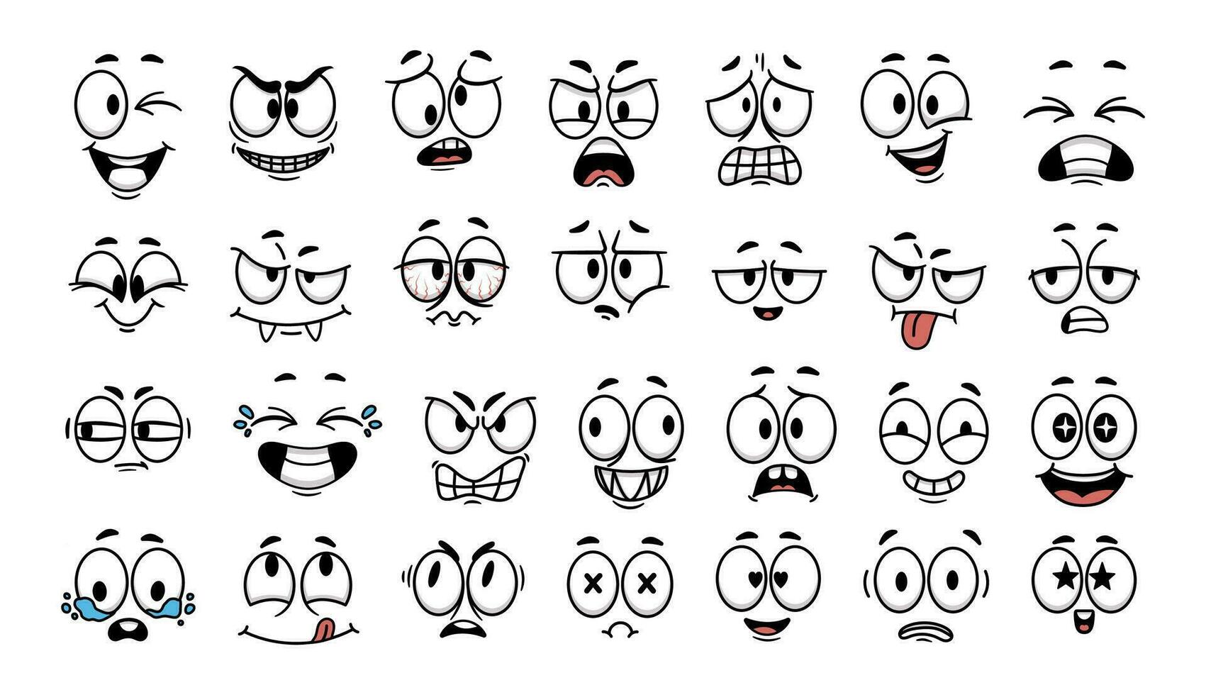 dibujos animados cara expresión. emocional cómic cara con ojos, bocas, lengua y dientes. concepto caricatura sentimiento. feliz, triste y enojado caracteres emociones vector conjunto