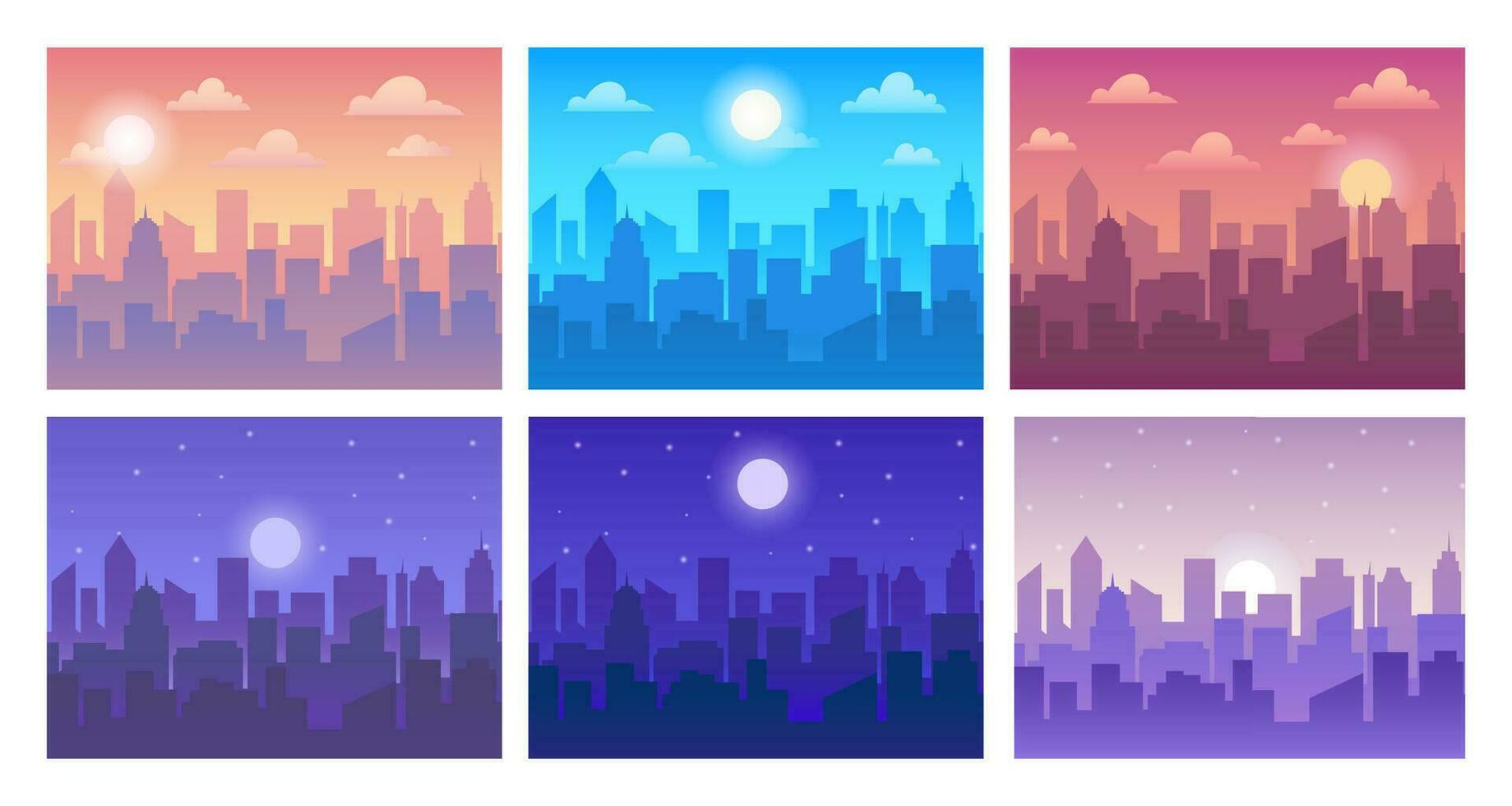 Cityscape in different time of day. Town silhouette in morning, evening and day. Night town landscape with urban buildings. Background with moon and sun. Vector set