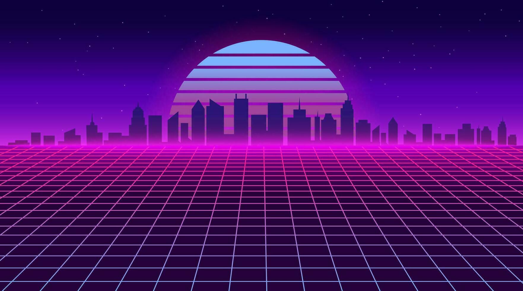 Futuristic city landscape. Retro 80s grid background with skyscrapers. 1980s neon game wireframe wallpaper. Sunset city backdrop with building silhouettes. Vector illustration