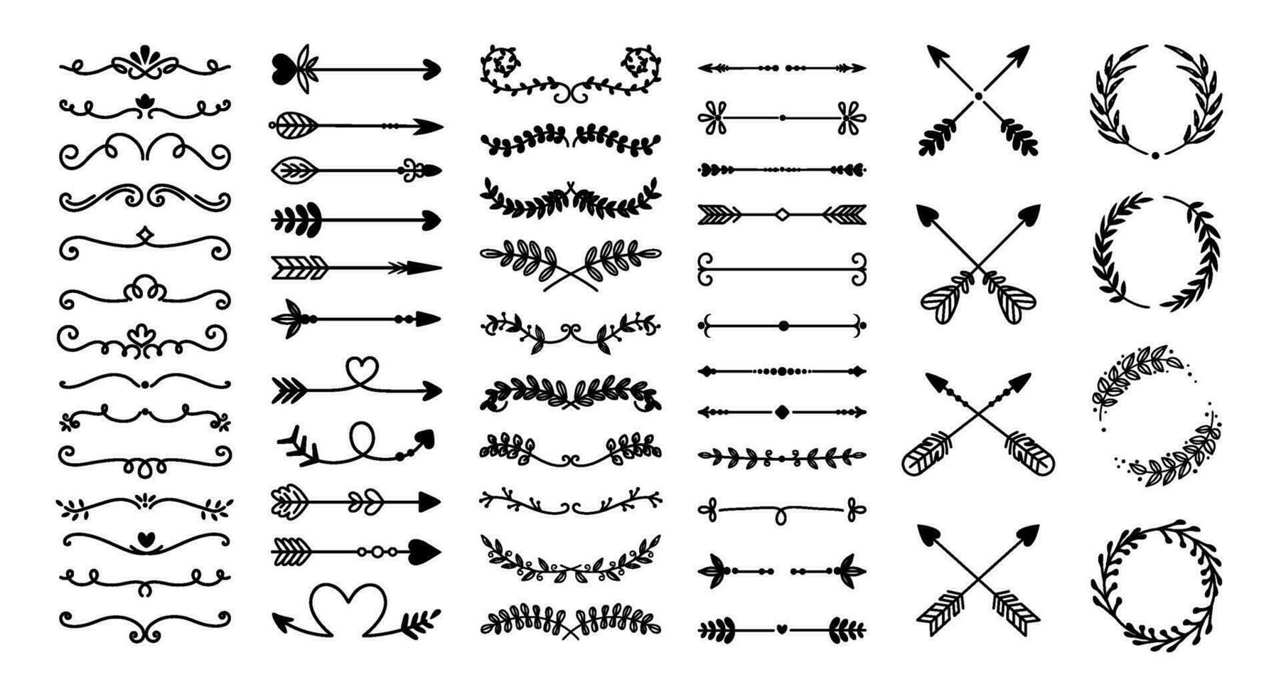 decorativo divisores mano dibujado floral ornamento, texto divisor, flor borde, florecer flecha, follaje guirnalda, Rizado rama. diseño línea elementos para modelo vector conjunto