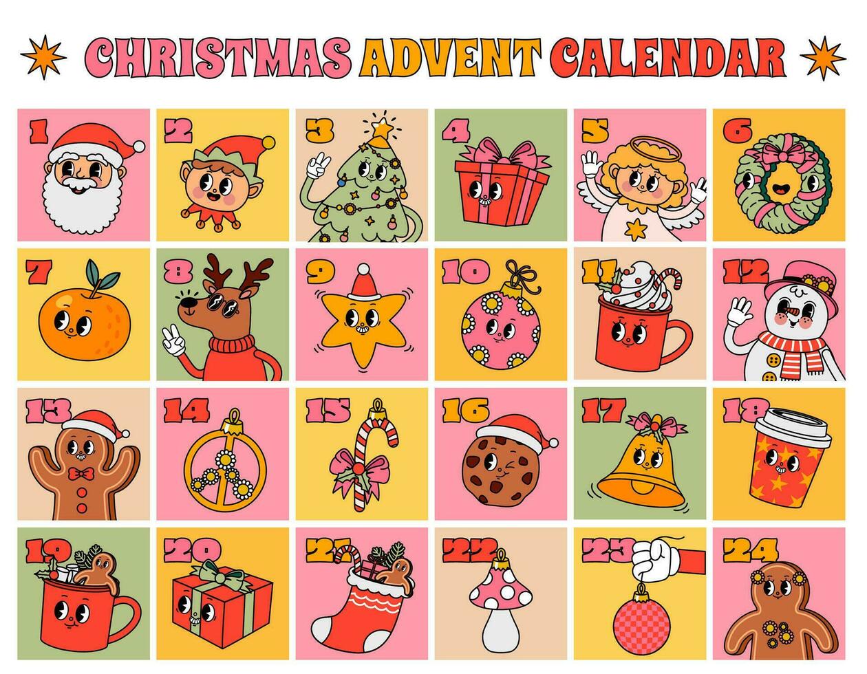 christmas advent calendar groovy countdown numbers frame with xmas groovy characters december retro posters template with holiday elements season noel stickers concept vector christmas advent calendar. groovy countdown numbers frame with