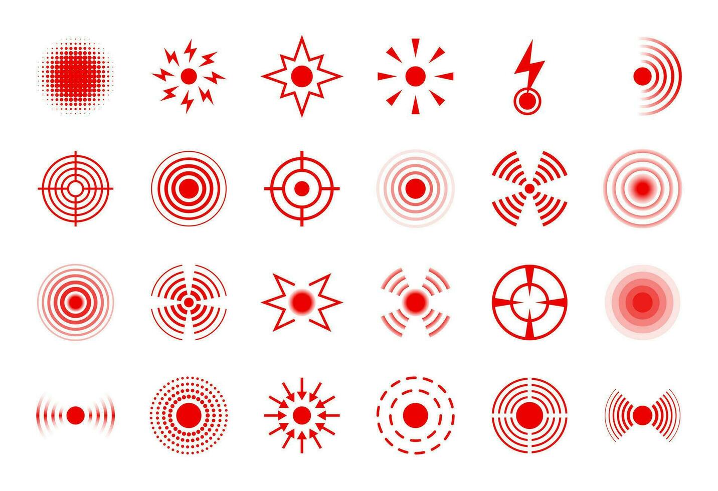 Pain circle. Red body hurt points, headache, muscle and joint pain spot symbols. Ache target icon for painkiller ads. Isolated vector set